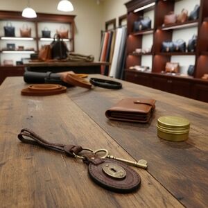 Fossil Vintage Dark Brown Leather Key Fob with Brass Key Charm